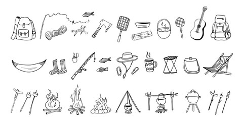 Big set of camping and fishing elements. Doodle style. Picnic, travel accessories and equipment. Travel design. Adventure. Great for prints, poster, cute stationery. Hand drawn. Vector illustration 