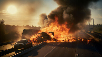 Wall Mural - Crashed accident car on fire on highway road at sunset