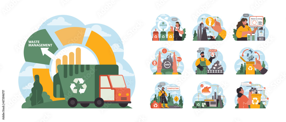 Trash Management Waste Management set. Comprehensive approach to trash handling ...