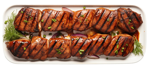 Wall Mural - Top view of delicious pork tenderloin on a plate isolated on white background