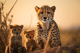 Lovely cheetah family, mother with two cheetah cubs sitting looking at the camera, in savanna grassland.