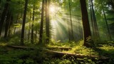 Fototapeta Pokój dzieciecy - Beautiful rays of sunlight in a green forest.Generative AI