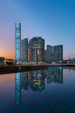 Fototapeta Mosty linowy / wiszący - Skyline of downtown district of Hong Kong city at dusk