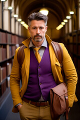 Wall Mural - Man in vest and tie standing in library.