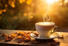 The Comforting Warmth Of A Frothy Hazelnut Latte Amidst The Rustic Charm Of Autumn Leaves And Setting Sun
