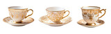 Fototapeta  - Gold and white teacup and saucer plate collection - premium pen tool PNG transparent background cutout. 