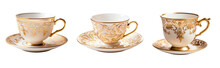 Gold And White Teacup And Saucer Plate Collection - Premium Pen Tool PNG Transparent Background Cutout. 