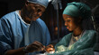 African doctors Surgeons performing operation in operation theater. breast augmentation surgery in the operating room surgeon tools implant. Medical care concept.