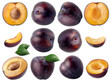 Collection of whole and cut blue plum fruits isolated on white background