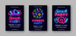 Beach party neon vertical posters collection. Beach event flyers set. Light advertisings template. Vector illustration