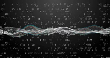 Poster - Animation of dynamic wave pattern and binary codes over black background