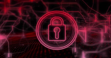 Poster - Animation of padlock in circles and navigation pattern over black background