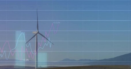 Aufkleber - Animation of graphs and changing numbers over rotating windmill against sky