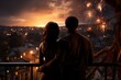 couple on the balcony watching the view of the evening city and the starry sky