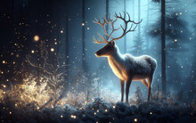 Elk Or Reindeer Stag In A Magical Forest With Sparkling Lights Antlers Beautiful Realistic Deer Natural Landscape Background In Winter Forest