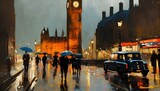 Fototapeta  - ロンドンの街を描写した絵画、雨に濡れた美しい街｜A painting depicting the city of London, a beautiful city soaked in the rain. Generative AI