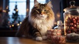 Fototapeta  - Norwegian forest cat stealing gingerbread cookies from the table on Happy New Year. Norwegian forest cat. Horizontal banking poster background for ad. Photo AI Generated