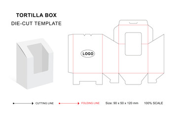 Tortilla box die cut template with 3D blank vector mockup for food packaging