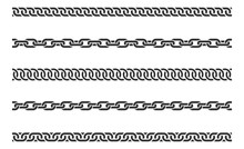 Set Seamless Chain Link. Different Chains Silhouette Black And White Isolated On Background. Chainlet Line Design Elements.