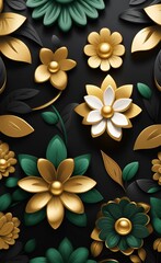 Wall Mural - Luxury floral seamless with flowers elegant leather texture illustration background in golden, green, white, and black colors. 3d abstraction wallpaper mural wall art decor, Generative AI