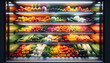Fresh fruits and vegetables on supermarket refrigerated shelves.