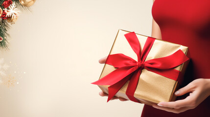 Wall Mural - Female hands holding a gold with red ribbon Christmas gift with light copy space for text. Christmas and New Year greeting card announcement with copy space and Christmas decorations.
