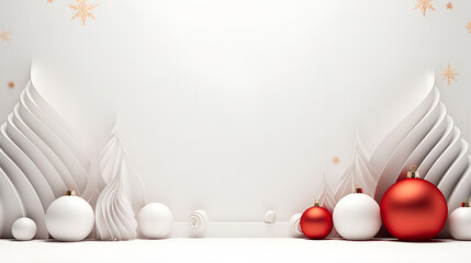 Wall Mural - creative white christmas background for announcements with plaster christmas trees and festive red decorations and space for text. 3D rendering of a Christmas ad background