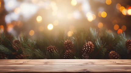 Wall Mural - Wooden table top empty mockup on background decorated with delightful garland of fir branches and pine cones with blurred Christmas background. Banner layout for installation, product promotion.