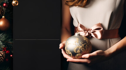 Wall Mural - Christmas and New Year card with copy space in flyer frame and elegant young woman's hands holding Christmas decorations. Christmas greeting card, invitation with empty space for text