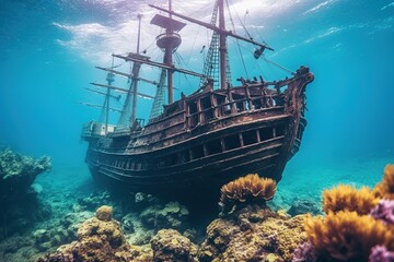 Ship wreck in the sea. Pirate boat under the ocean illustration. AI generative.