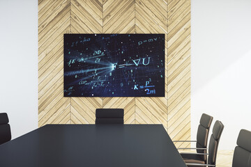 Poster - Creative scientific formula concept on presentation screen in a modern conference room. 3D Rendering