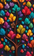 Sticker - Colorful tree with leaves on hanging branches illustration background. 3d abstraction wallpaper. Floral tree with multicolor leaves, Generative AI