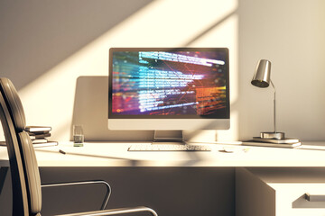 Poster - Modern computer display with abstract programming language hologram, artificial intelligence and machine learning concept. 3D Rendering