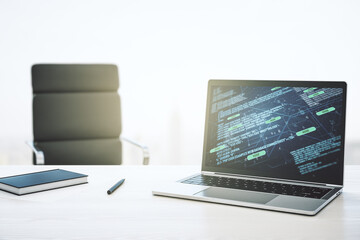 Poster - Modern computer display with abstract software development hologram, research and analytics concept. 3D Rendering