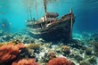 Ship wreck in the sea. Pirate boat under the ocean illustration. AI generative.
