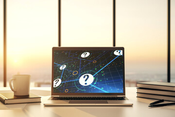 Aufkleber - Creative abstract question mark sketch on modern laptop monitor, FAQ and research concept. 3D Rendering