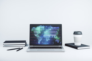 Poster - Abstract creative digital world map on modern laptop monitor, tourism and traveling concept. 3D Rendering