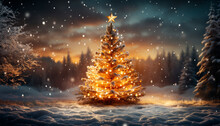 Christmas Tree In Snowy Forest. Christmas Background. Generative AI