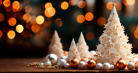 Poster - Christmas tree decoration on a wooden table with bokeh background. Generative AI