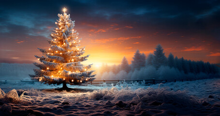 Poster - Christmas tree in the snow at sunset. Vintage style. Generative AI