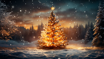 Poster - Christmas tree in snowy forest. Christmas background. Generative AI