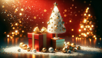 Poster - Christmas background with white christmas tree, gifts and bokeh lights. Generative AI