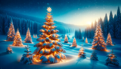 Aufkleber - Fantastic winter landscape glowing by lights. Dramatic wintry scene. Generative AI