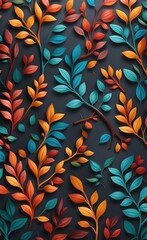 Sticker - Wall hanging branches seamless pattern leaves fall with bright color flowers illustration background. 3d abstraction wallpaper interior mural wall art, Generative AI