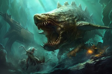 An artwork depicting a massive aquatic predator launching a brutal assault underwater. Generative AI