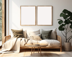 Wall Mural - Poster mockup with double vertical frame on empty white wall in living room interior. 3D rendering.