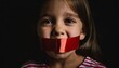 Human Rights Day Concept: Little girl's mouth is sealed with a large red tape. Be her voice concept.