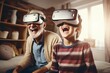 Stylish modern happy grandfather and grandson playing together exciting interesting video games using virtual reality headsets and gamepads at cozy home.
