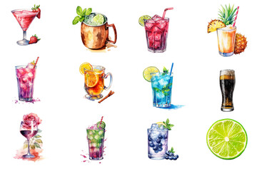 Watercolor cocktail drinks set on white background. Watercolor painting daily routine objects. Hand drawn colorful Sublimation design,white background