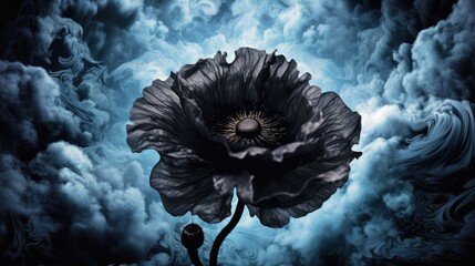 Sticker -  a large black flower sitting in the middle of a cloud filled sky with a sun in the center of the flower.  generative ai